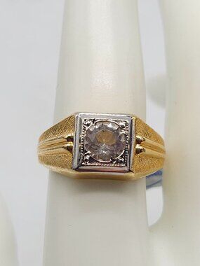 18K Gold Electroplated Mens Ring With Cubic Zirconia Textured Design Size 8